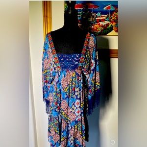 YELLOWSTONE VIBES  “Crocheted Detail” Multi Blue Dress with fringe! XL